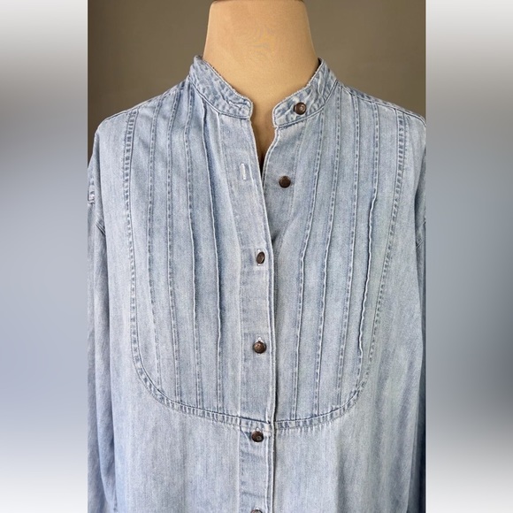 Southwestern Pintuck Cotton Chambray Denim Mandarin Collar Button Shirt Top M - Picture 2 of 5